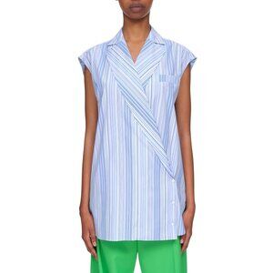 Nina Ricci Size S Blue & White Striped Criss Cross Sleeveless Wrap Blouse Top